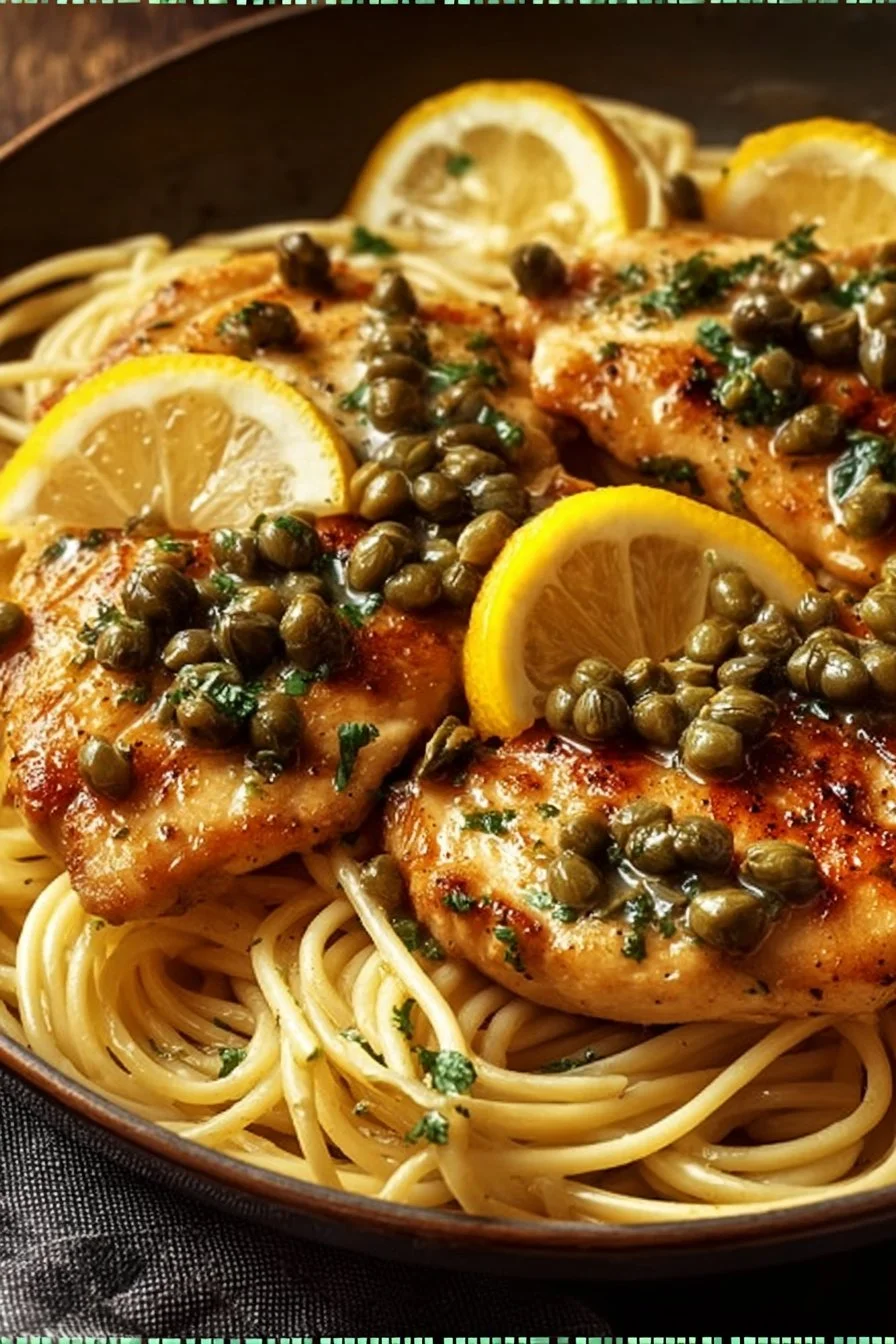 Plate of Mediterranean Style Chicken Piccata with lemon and capers