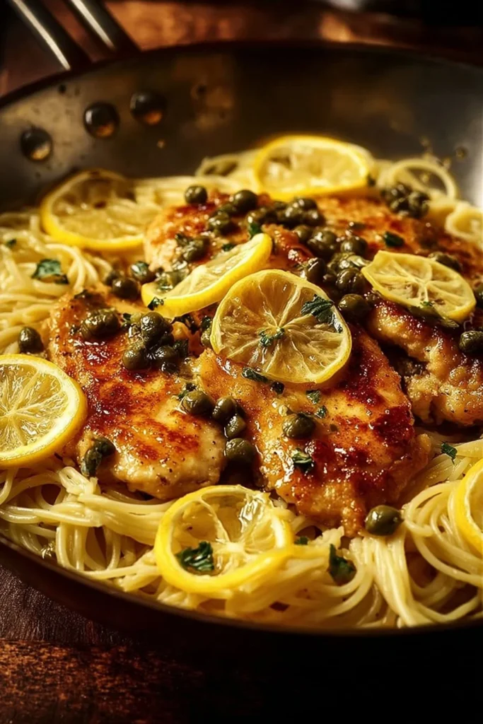 Plate of Mediterranean Style Chicken Piccata with lemon and capers