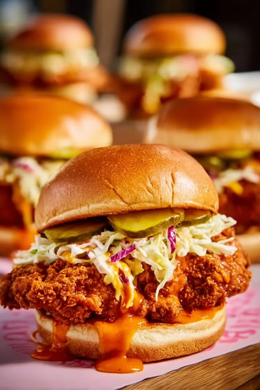 Nashville Style Chicken Sandwich topped with spicy sauce and pickles on a bun