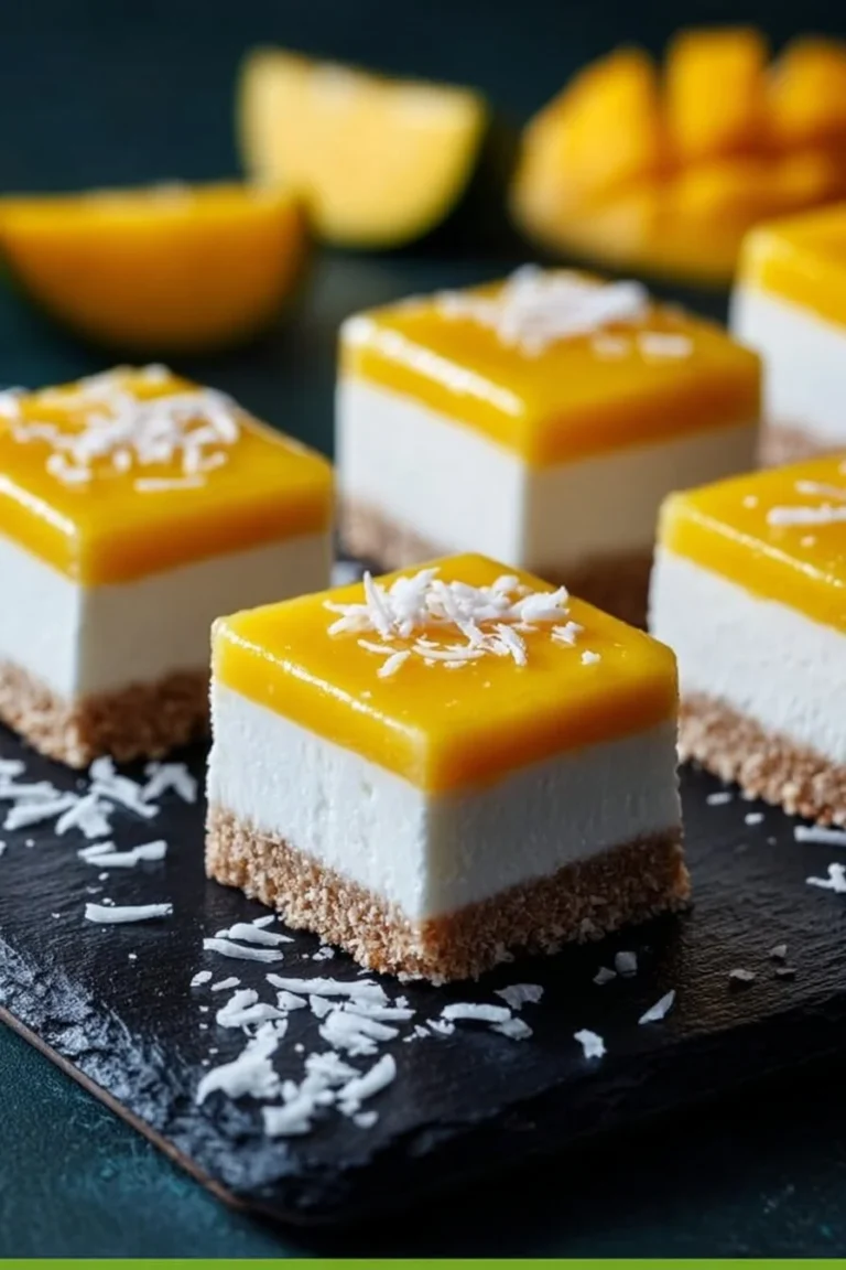 No Bake Coconut Mango Cheesecake Bars topped with fresh mango slices