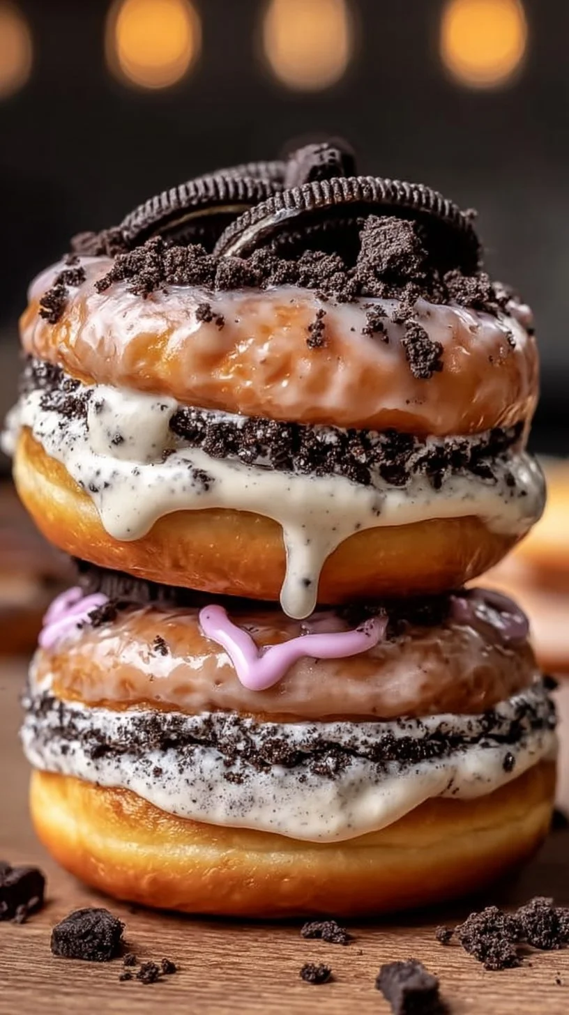 Oreo cheesecake stuffed donut burger, a delicious dessert creation.