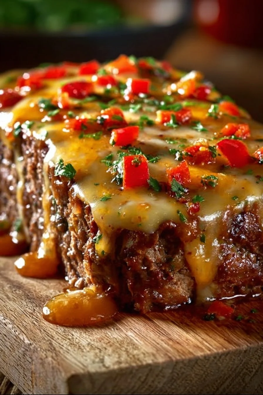 Delicious Philly Cheesesteak Meatloaf topped with melted cheese and peppers