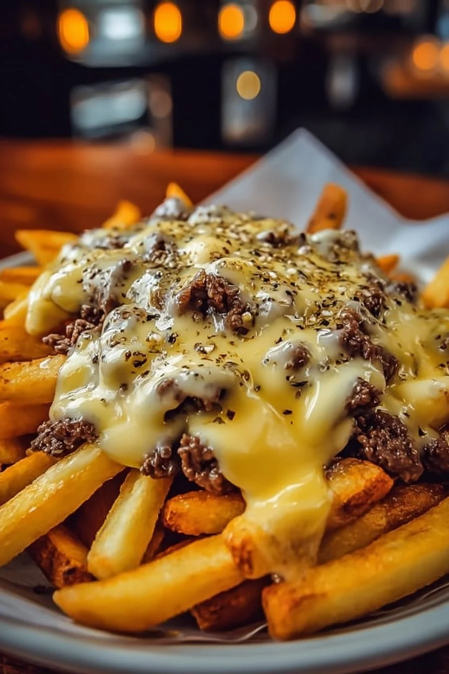 Philly steak cheese fries loaded with tender steak and melted cheese
