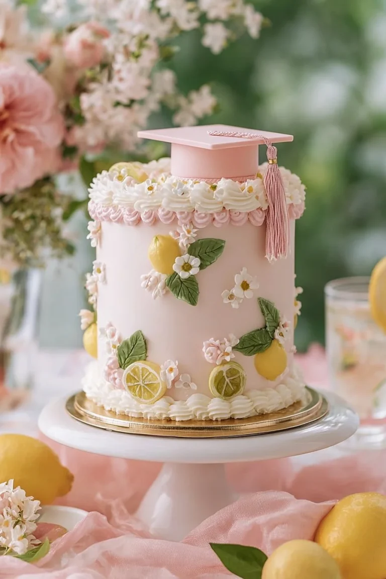 Delicious Pink Lemon Cake decorated with a graduation cap topper