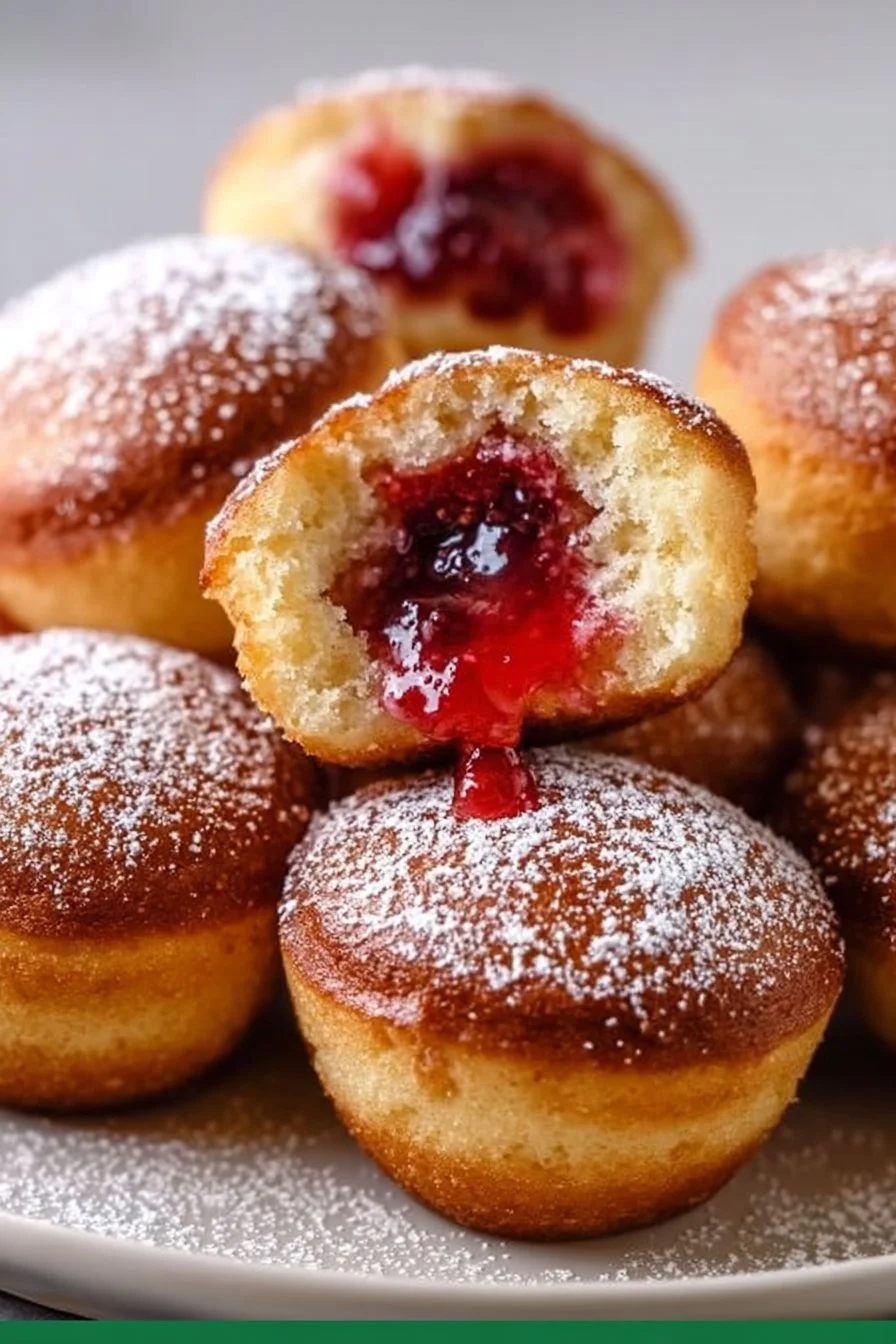 Raspberry filled donut muffins in a white plate