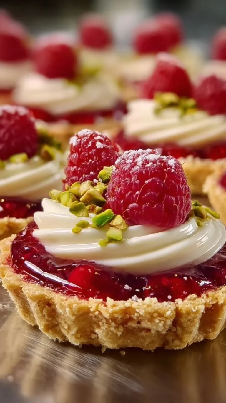 Delicious raspberry and white chocolate tartlets arranged on a plate