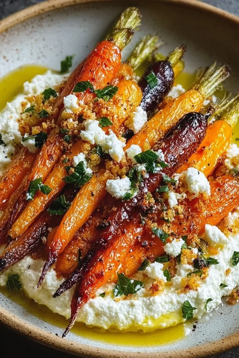 Delicious roasted carrots with whipped ricotta and hot honey drizzle