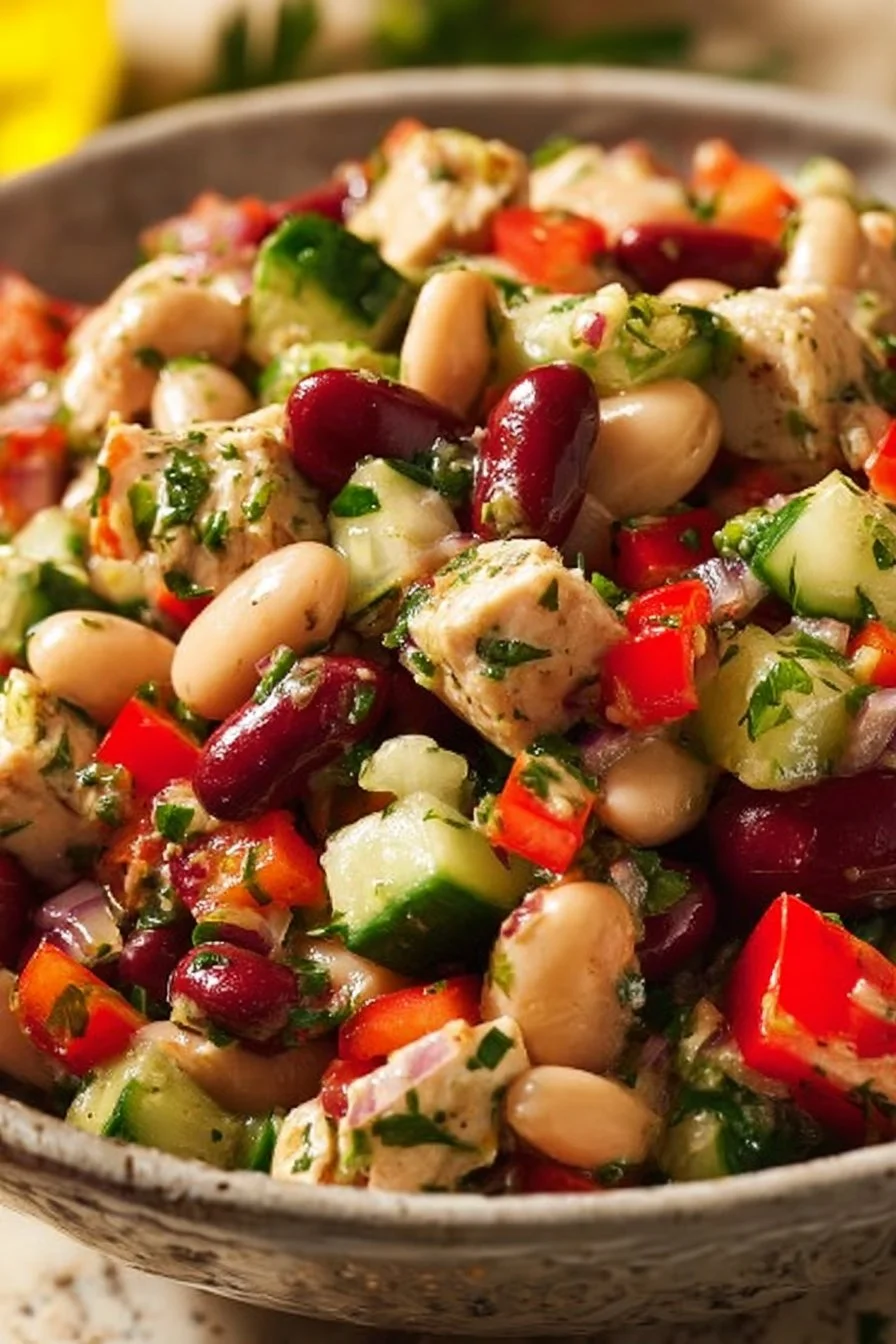 Delicious and colorful white beans salad with fresh vegetables and dressing