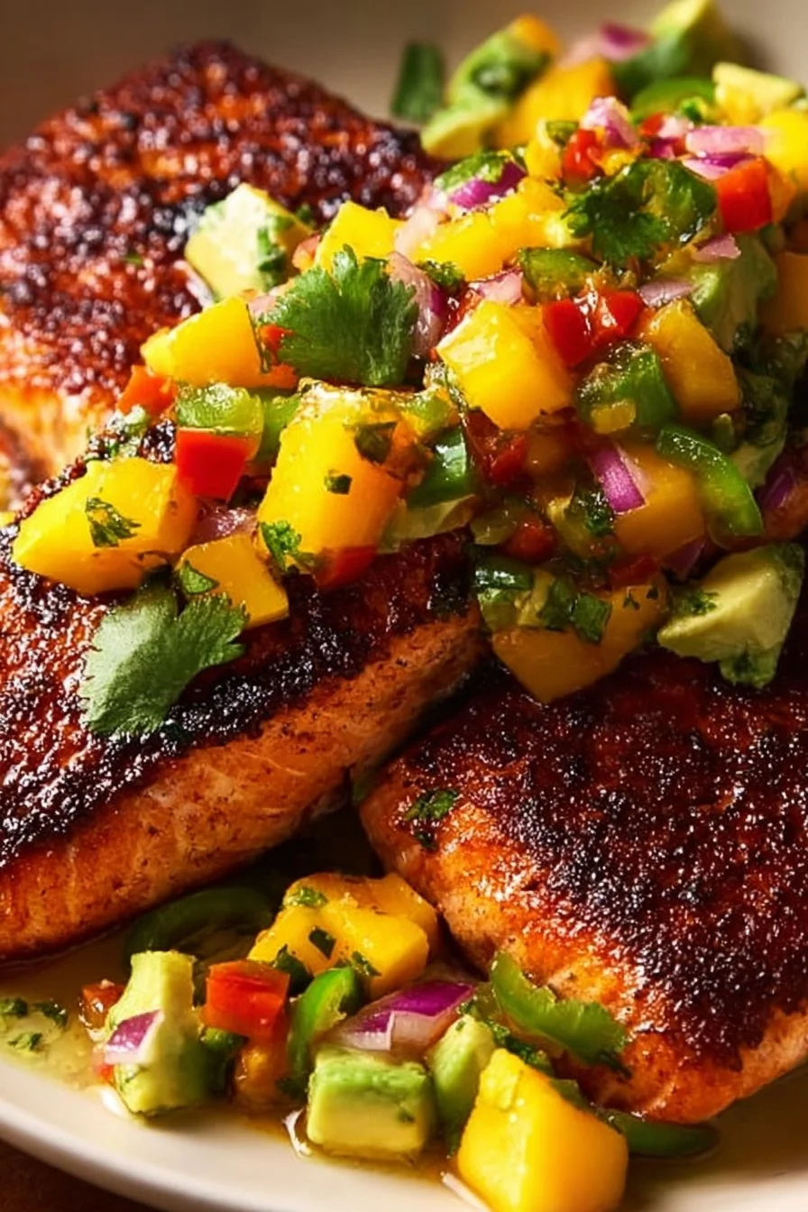 Grilled salmon fillet topped with colorful mango salsa