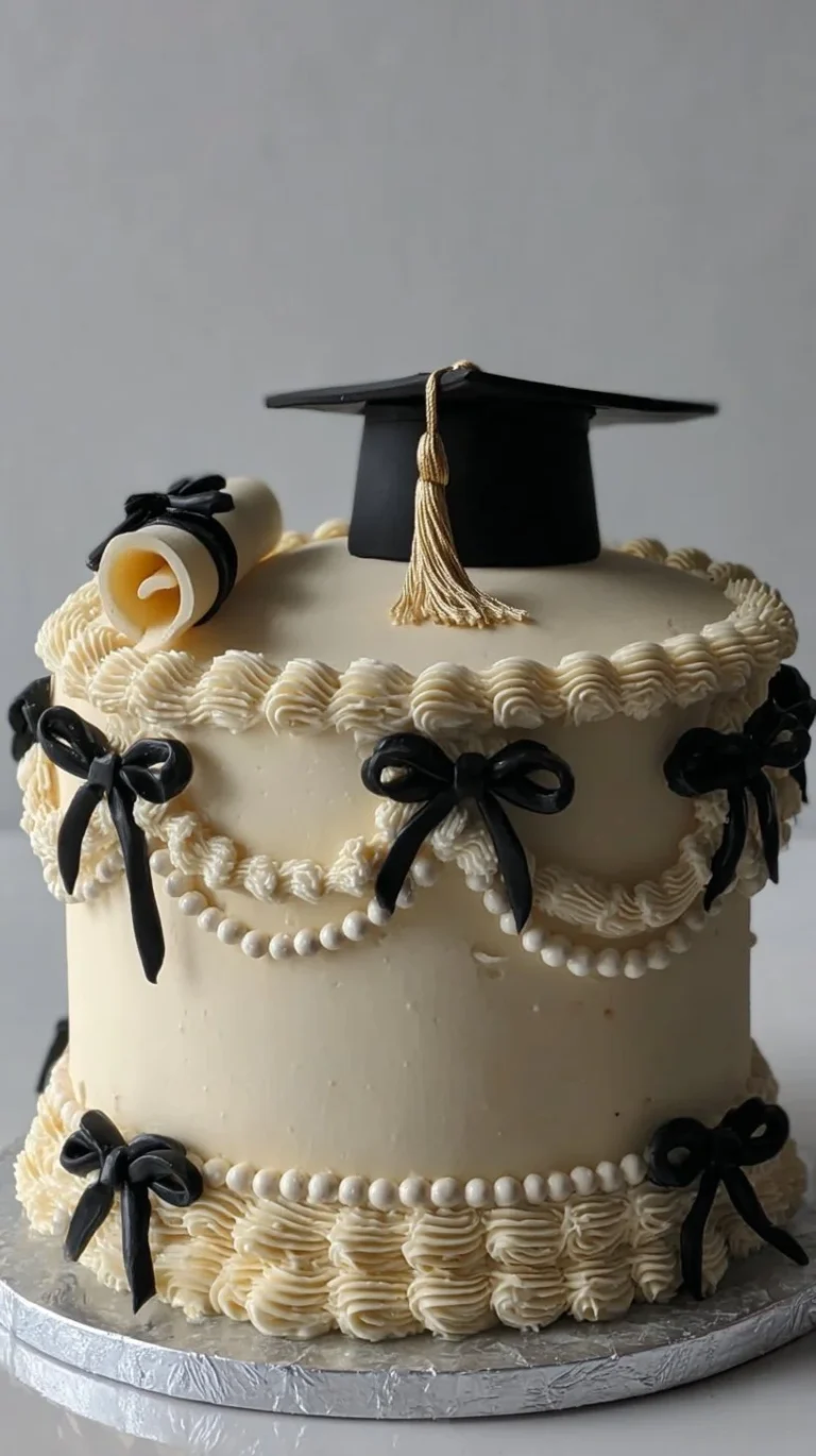 Elegant gold, black, and white graduation cake with a bow for celebration.