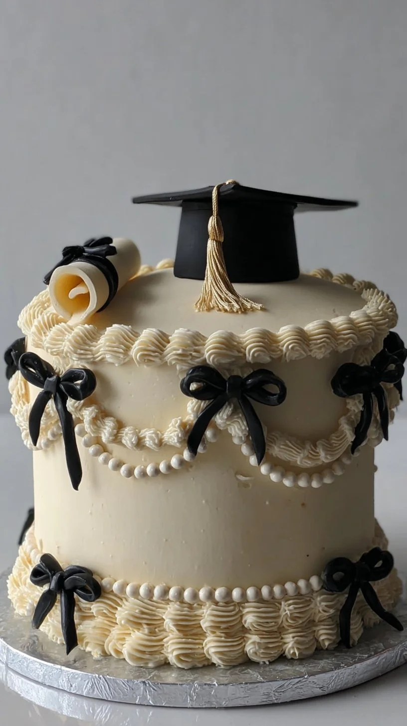 Elegant gold, black, and white graduation cake with a bow for celebration.