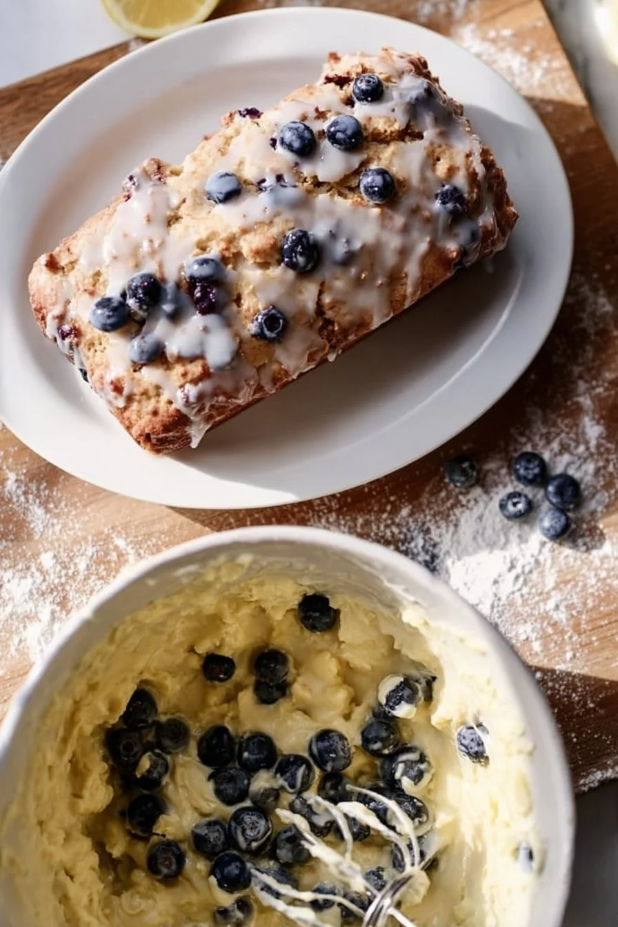 Sourdough blueberry lemon quick bread sliced on a wooden board