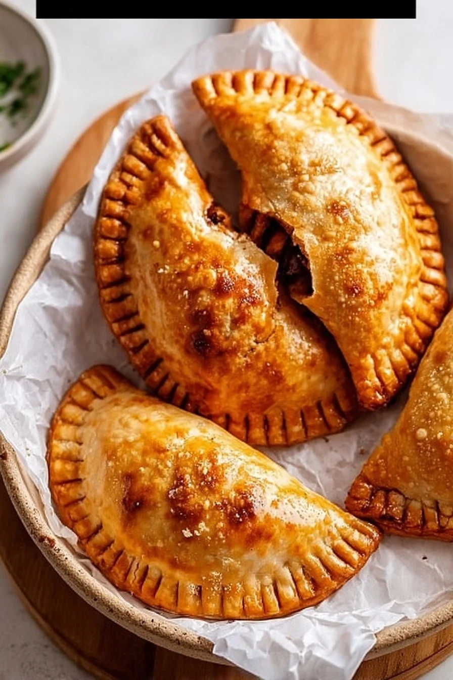 Golden brown sourdough empanadas filled with savory ingredients