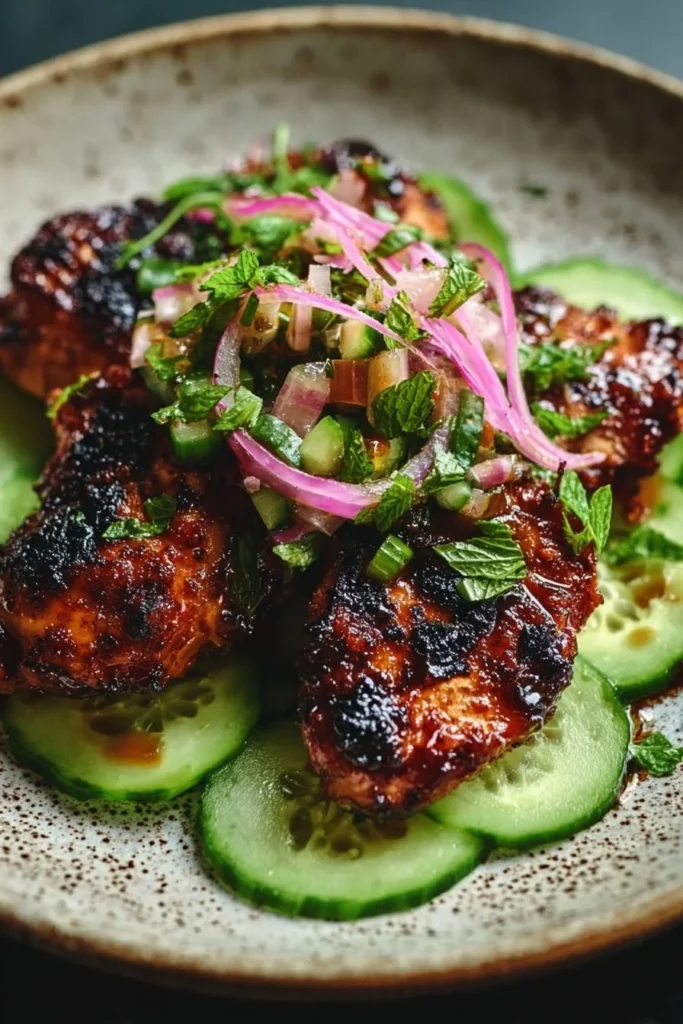 Plate of Spicy Mediterranean Chicken with creamy cucumber salad garnished with herbs