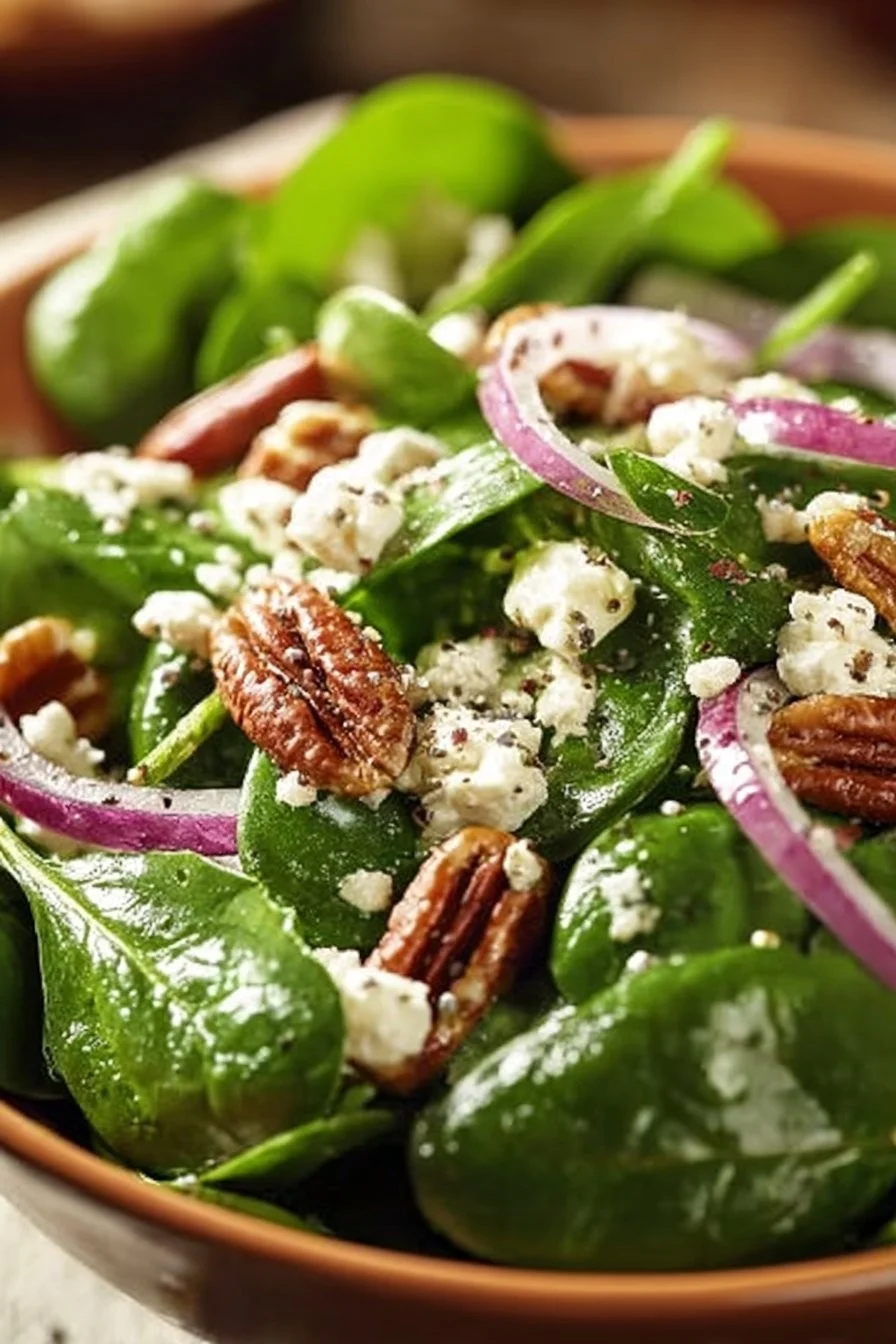 Spinach salad topped with poppy seed dressing and fresh vegetables