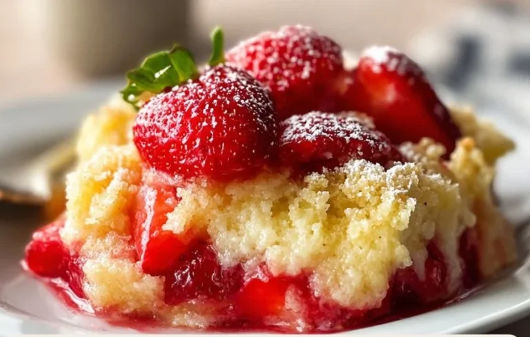 Strawberry Cheesecake Dump Cake Recipe Delicious Strawberry Cheesecake Dump Cake with fresh strawberries on top