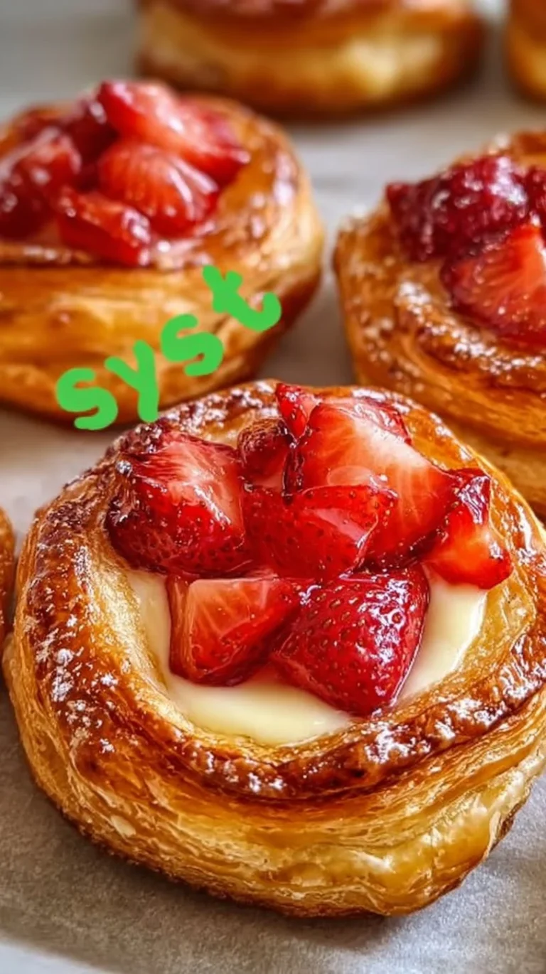 Freshly baked Strawberry Danish pastry topped with strawberries and glaze.