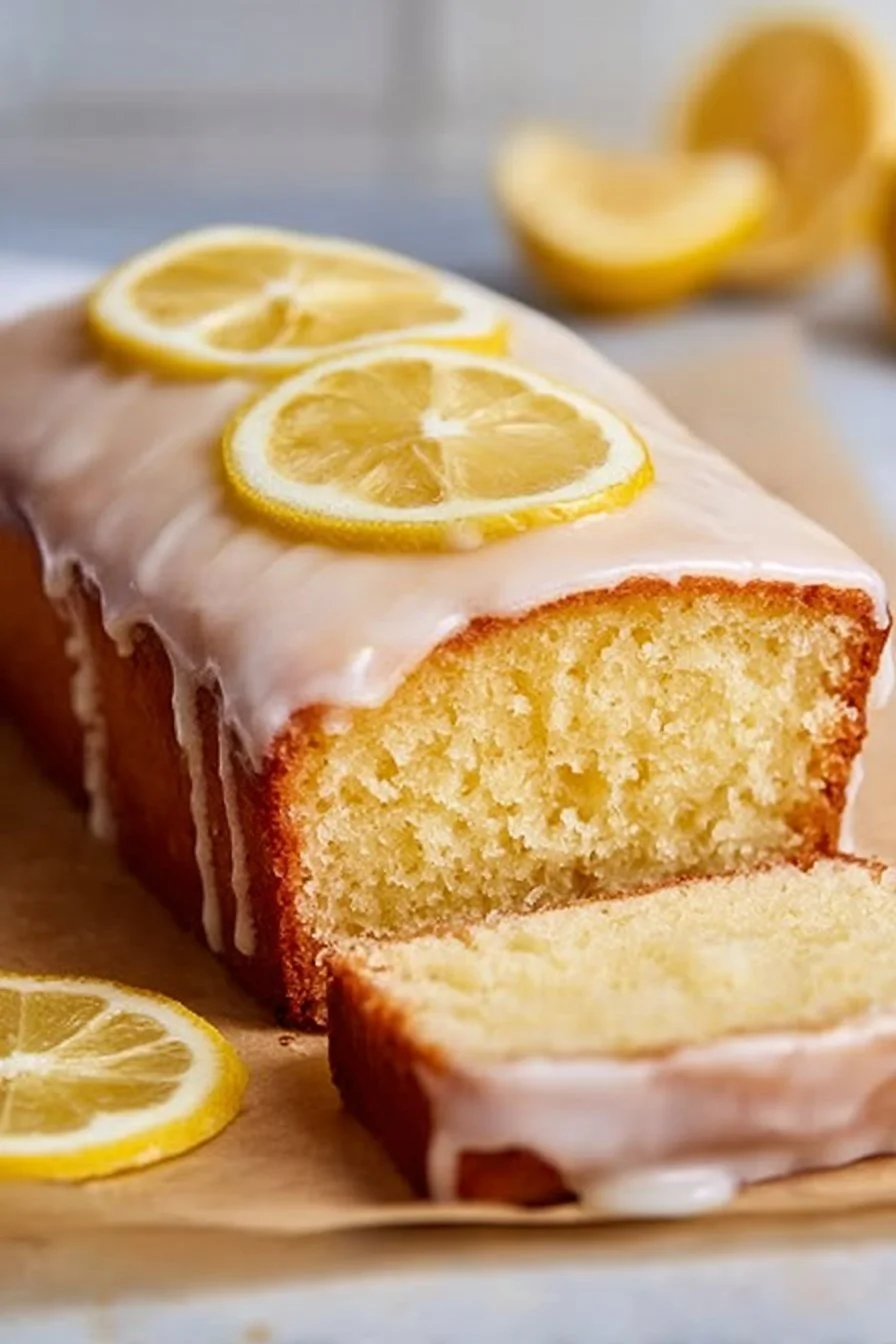 Tasty sourdough discard lemon loaf sliced on a wooden table