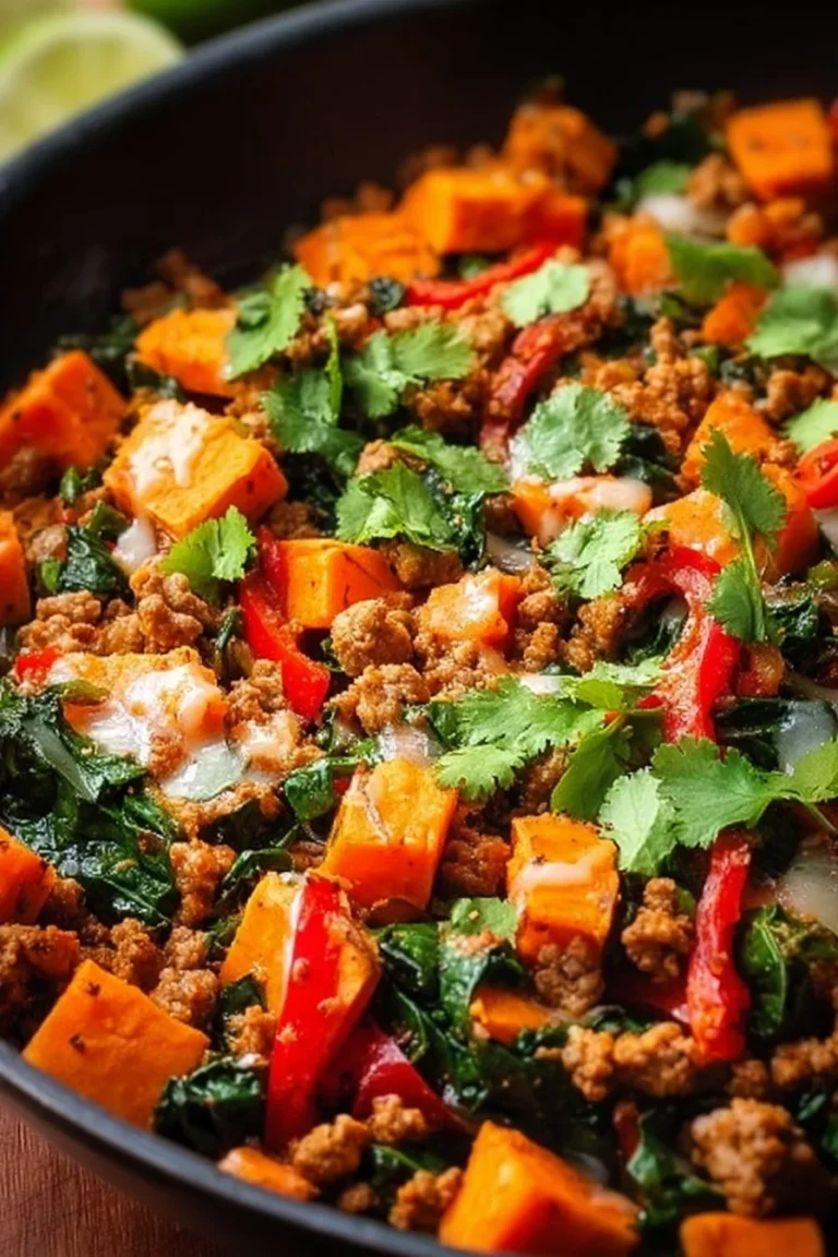 Turkey Sweet Potato Skillet with colorful vegetables in a frying pan.
