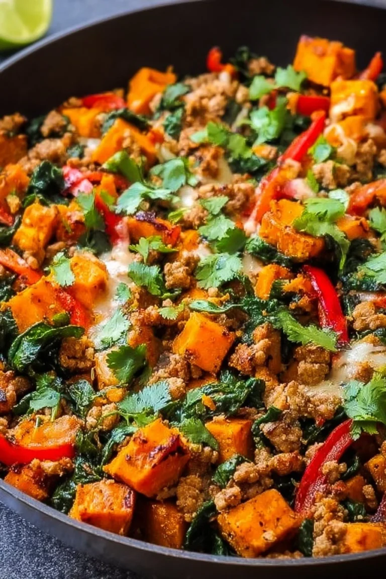 Turkey Sweet Potato Skillet cooked with vegetables in a skillet