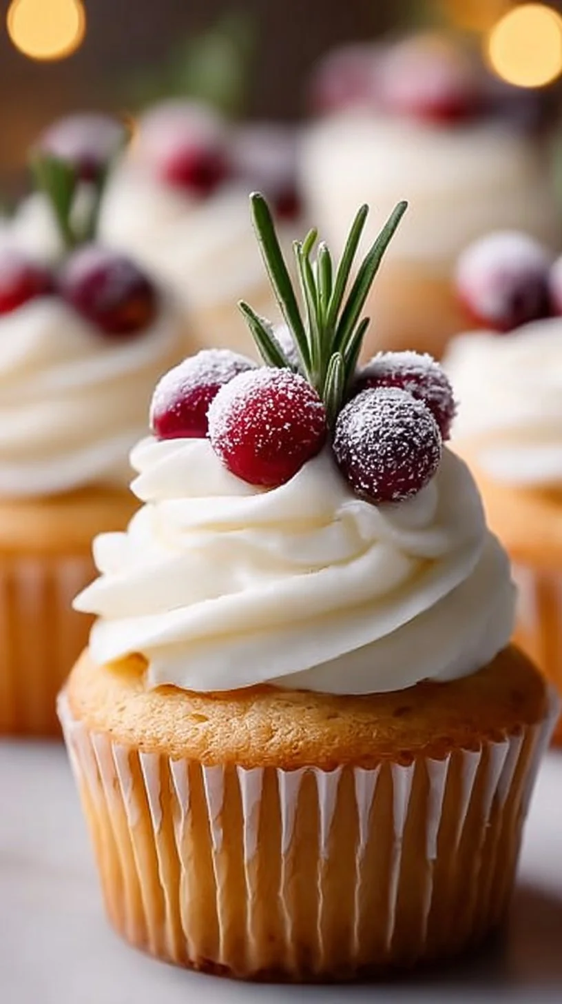 Vanilla cupcakes decorated with sugared cranberries and fresh rosemary