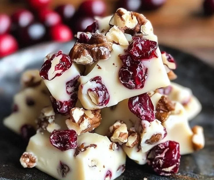 Delicious white chocolate cranberry pecan clusters ready to enjoy