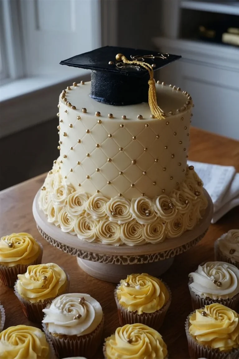 Yellow themed graduation party ideas featuring a gold graduation cake.